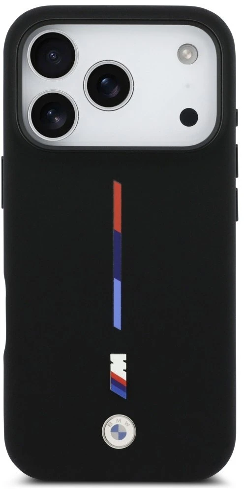 BMW M Silicon Tricolor Line MagSafe dėklas skirtas Apple iPhone 17 Pro juodos spalvos