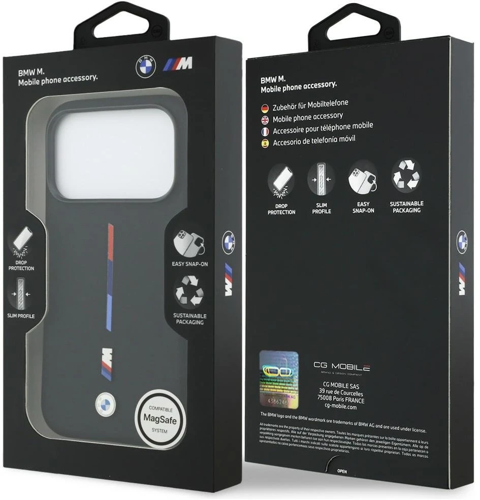 BMW M Silicon Tricolor Line MagSafe dėklas skirtas Apple iPhone 17 Pro juodos spalvos
