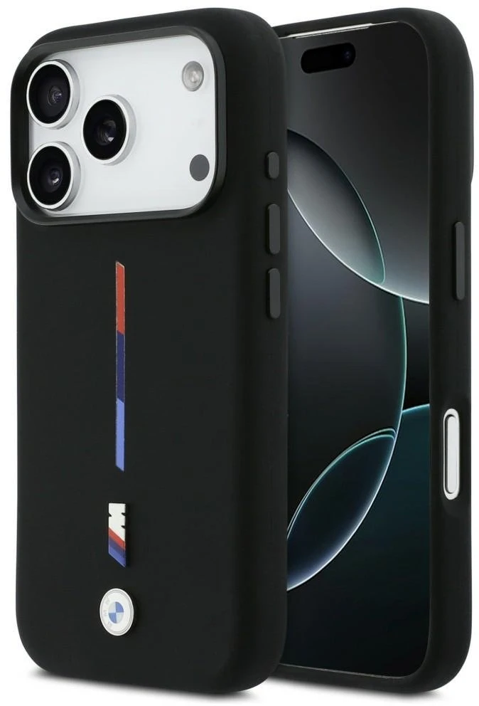 BMW M Silicon Tricolor Line MagSafe dėklas skirtas Apple iPhone 17 Pro juodos spalvos