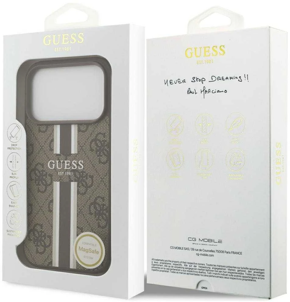 GUESS dėklas, skirtas IPHONE 17 Pro, suderinamas su MagSafe GUHMP17LP4RPSW (4G spausdintos juostelės), rudas
