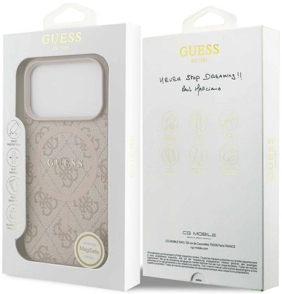 Guess PU Leather 4G Colored Ring MagSafe dėklas skirtas Apple iPhone 17 Pro Rožinė