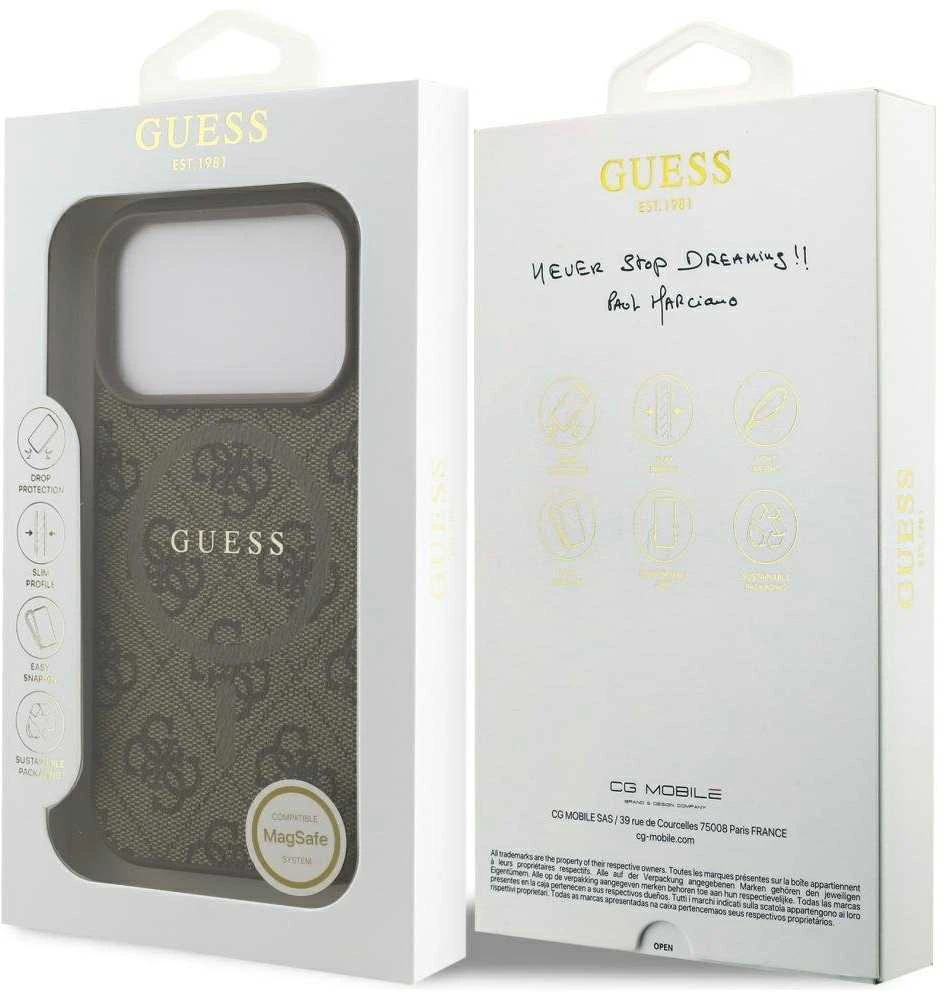 GUESS dėklas, skirtas IPHONE 17 Pro, suderinamas su MagSafe GUHMP17LG4GFRW (PU 4G Ring Classic Logo) rudas