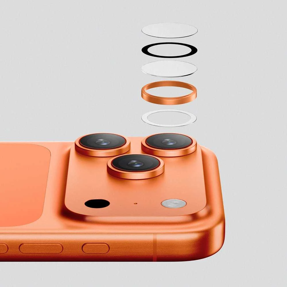 „AmazingThing“ lęšių stiklas, skirtas „iPhone 17 Pro“ / „Pro Max“ – su oranžiniu rėmeliu