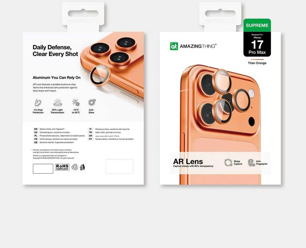 „AmazingThing“ lęšių stiklas, skirtas „iPhone 17 Pro“ / „Pro Max“ – su oranžiniu rėmeliu
