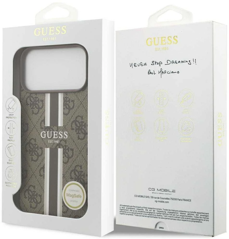 GUESS dėklas, skirtas IPHONE 17 Pro Max, suderinamas su MagSafe GUHMP17XP4RPSW (4G spausdintos juostelės), rudas