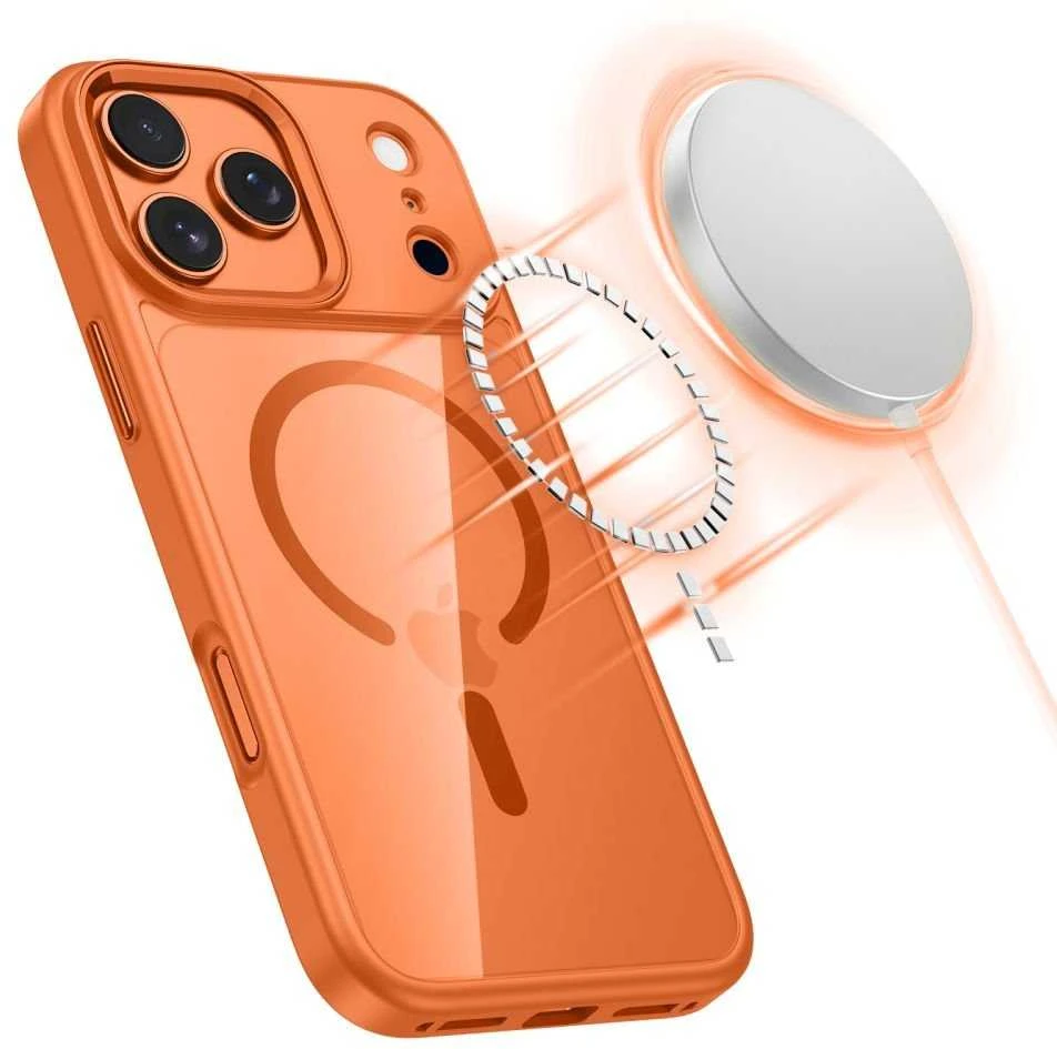 „Tech-Protect MagMat MagSafe“ dėklas, skirtas „iPhone 17 Pro Max“ – permatomas oranžinis
