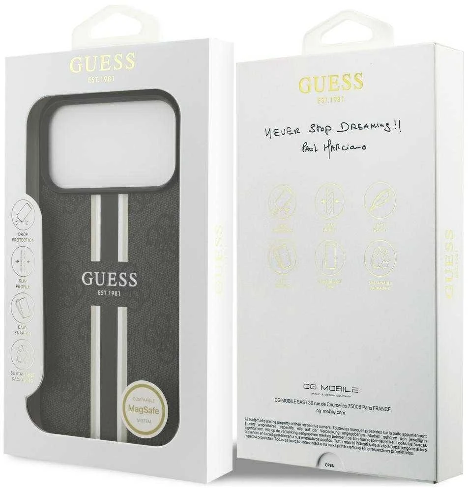 GUESS dėklas, skirtas IPHONE 17 Pro Max, suderinamas su MagSafe GUHMP17XP4RPSK (4G spausdintos juostelės), juodas