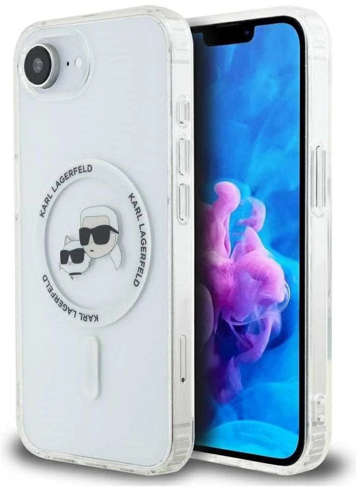 Karl Lagerfeld IML metalinis Karl & Choupette Heads MagSafe iPhone 16e dėklas - Baltas