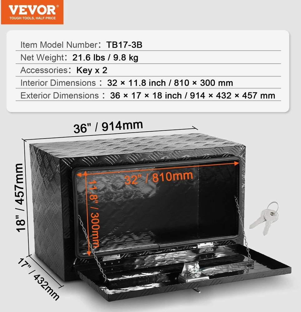 VEVOR Aliumininė įrankių dėžė 91x43x45 cm po sunkvežimiu