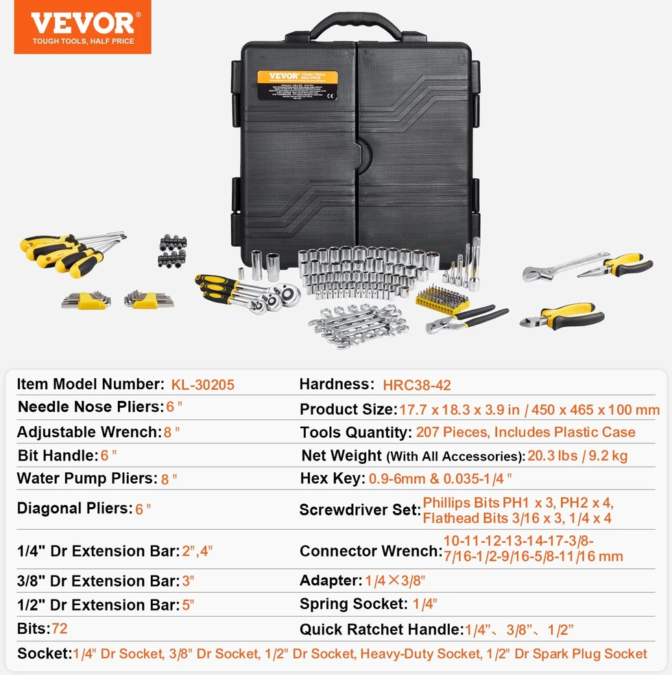 VEVOR 207 dalių mechaniko įrankių rinkinys