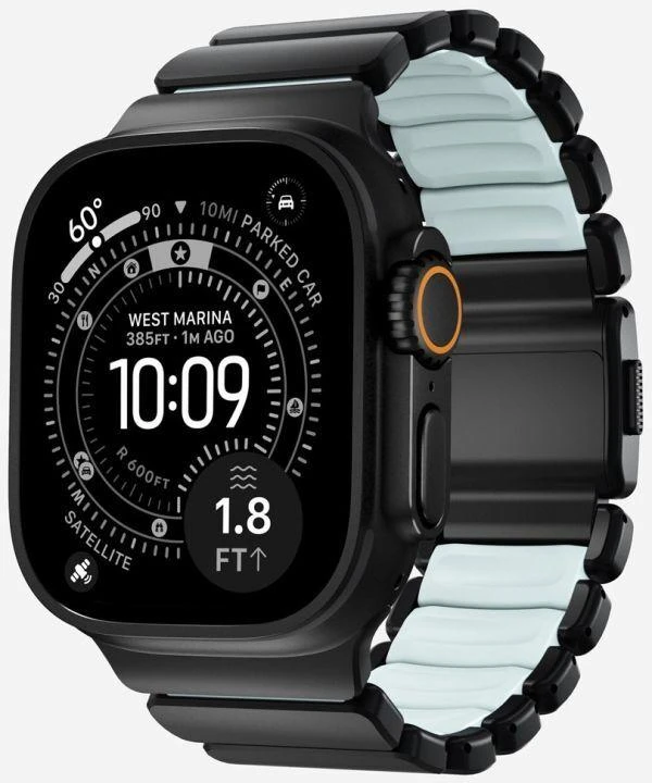 Nomad Stratos dirželis, juodo titano, švytinti ledinė mėlyna, FKM, Apple Watch 45/46/49 mm