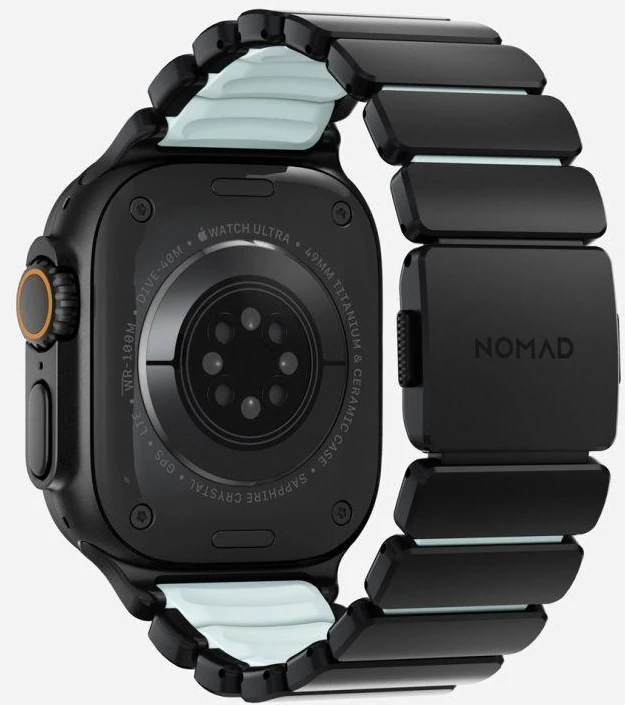 Nomad Stratos dirželis, juodo titano, švytinti ledinė mėlyna, FKM, Apple Watch 45/46/49 mm