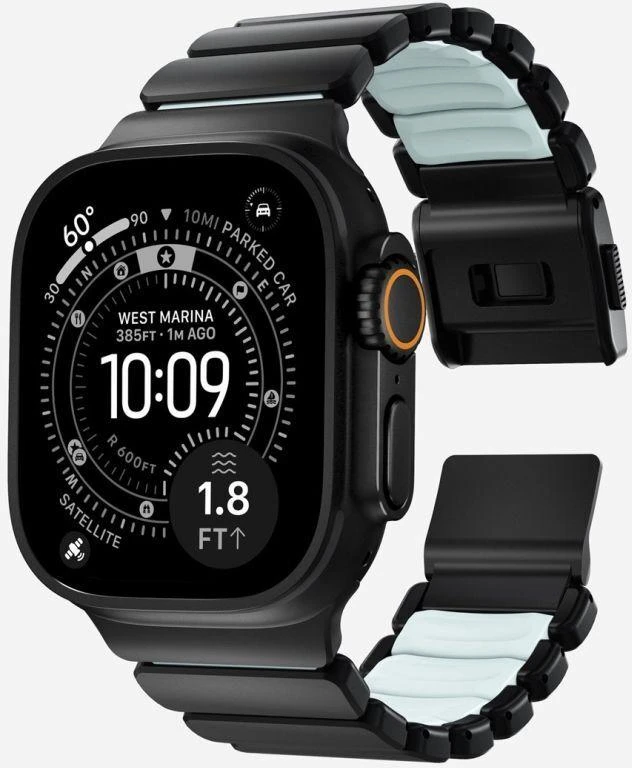 Nomad Stratos dirželis, juodo titano, švytinti ledinė mėlyna, FKM, Apple Watch 45/46/49 mm