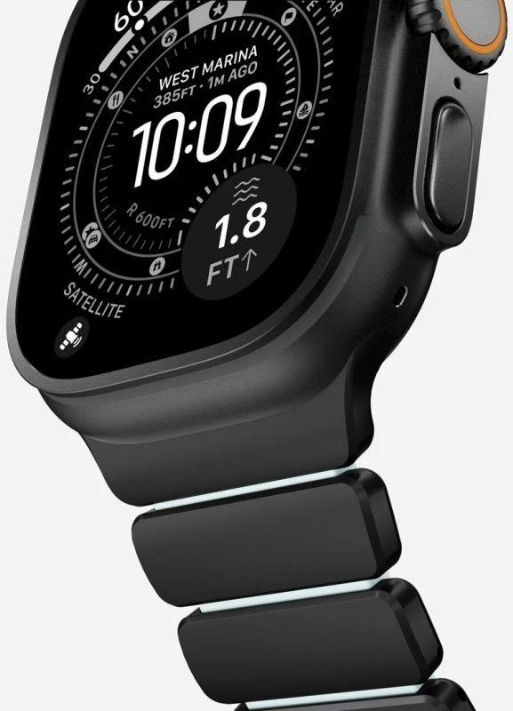 Nomad Stratos dirželis, juodo titano, švytinti ledinė mėlyna, FKM, Apple Watch 45/46/49 mm