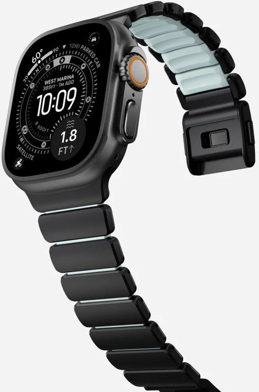 Nomad Stratos dirželis, juodo titano, švytinti ledinė mėlyna, FKM, Apple Watch 45/46/49 mm