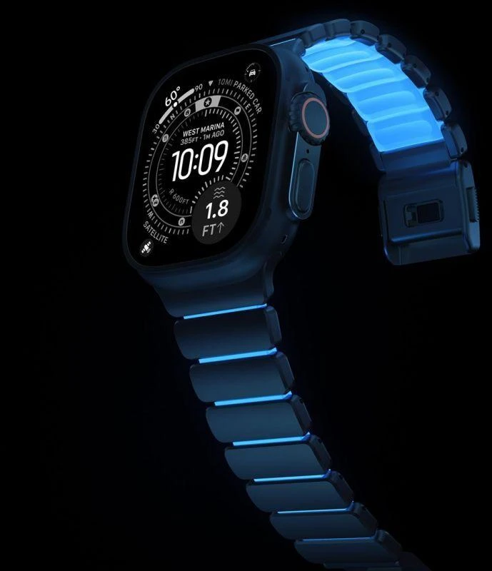 Nomad Stratos dirželis, juodo titano, švytinti ledinė mėlyna, FKM, Apple Watch 45/46/49 mm