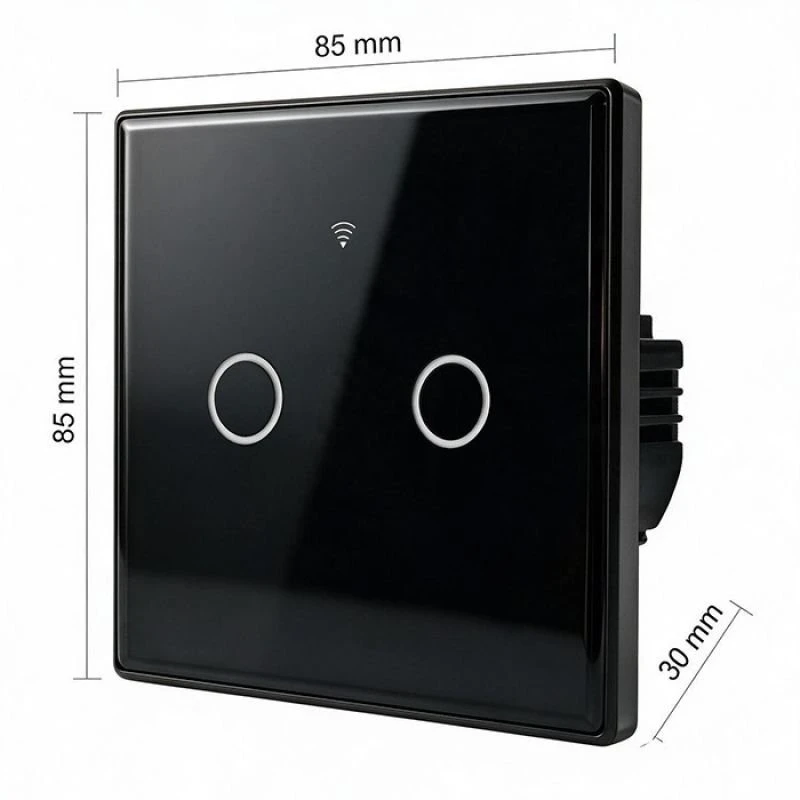Qoltec 52712 išmanusis 2 kanalų šviesos jungiklis | Wi-Fi | Laikmatis | Tuya | Smart Life | Grūdintas stiklas | Juodas