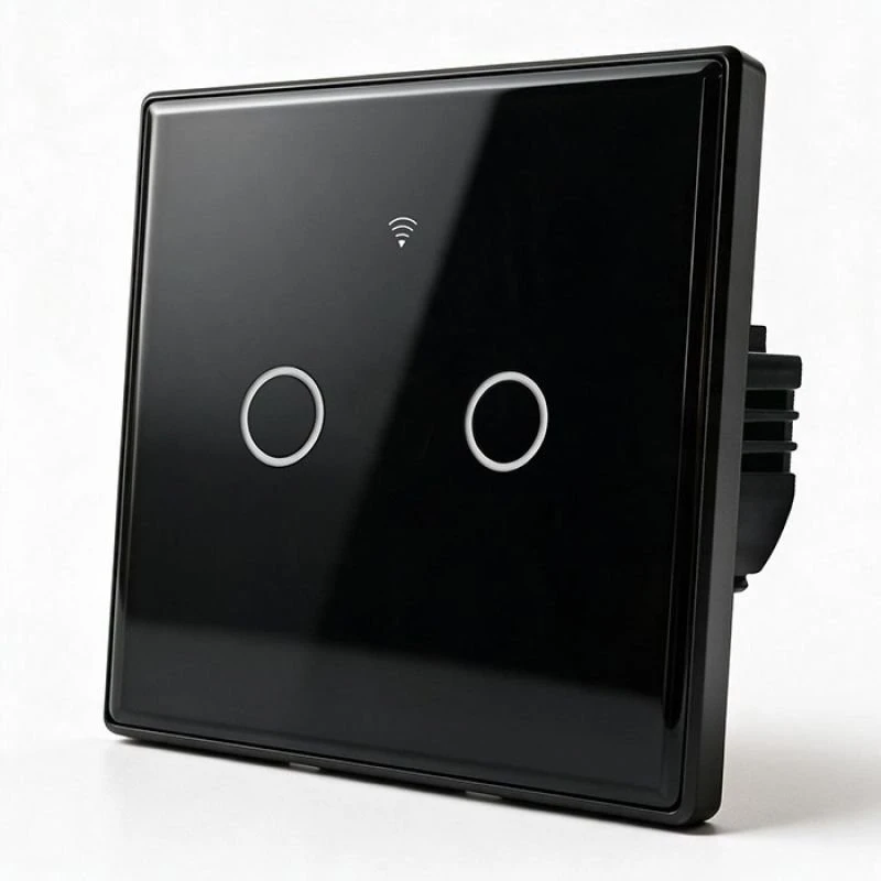 Qoltec 52712 išmanusis 2 kanalų šviesos jungiklis | Wi-Fi | Laikmatis | Tuya | Smart Life | Grūdintas stiklas | Juodas