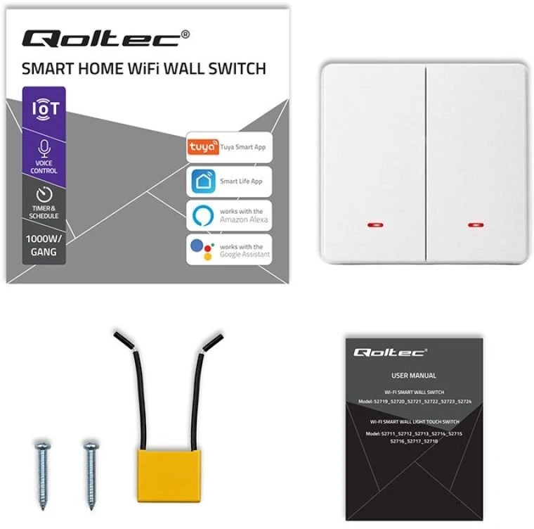 Qoltec 52706 išmanusis dviejų kanalų šviesos jungiklis | Wi-Fi | Laikmatis | Tuya | Smart life | Baltas