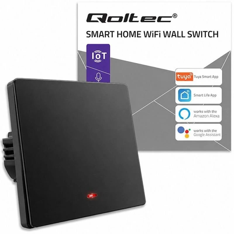 Qoltec 52722 Smart 1-Gang Light Switch | Wi-Fi | Timer | Tuya | Smart life | Juodas