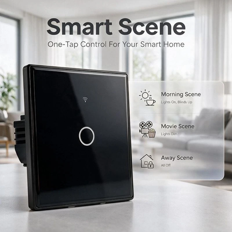 Qoltec 52711 išmanusis lietimui jautrus 1 kanalo šviesos jungiklis | Wi-Fi | Laikmatis | Tuya | Smart Life | Grūdintas stiklas | Juodas