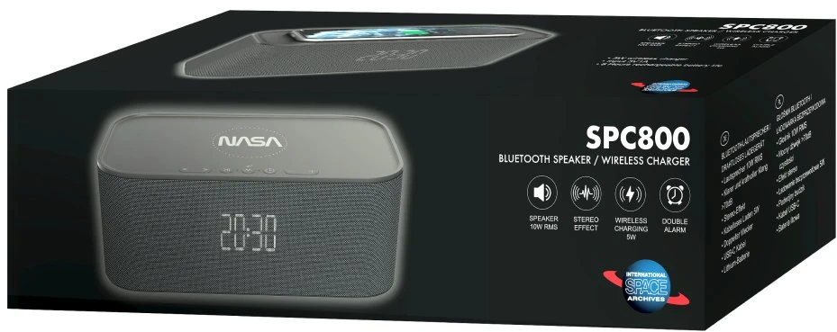Žadintuvas su „Bluetooth“ garsiakalbiu ir belaidžiu įkrovimu NASA SPC800