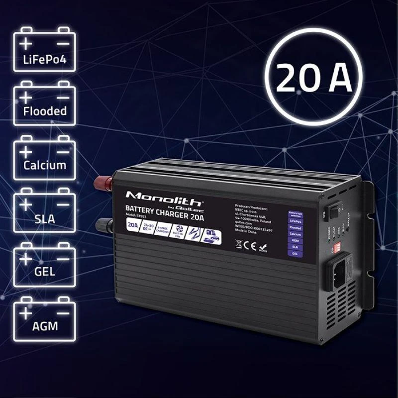 Qoltec Intelligent kroviklis Monolith LiFePO4 AGM GEL SLA akumuliatoriams | 20A | 24V