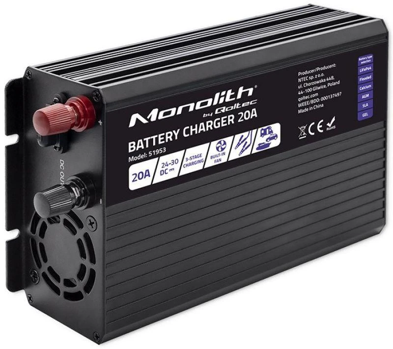 Qoltec Intelligent kroviklis Monolith LiFePO4 AGM GEL SLA akumuliatoriams | 20A | 24V