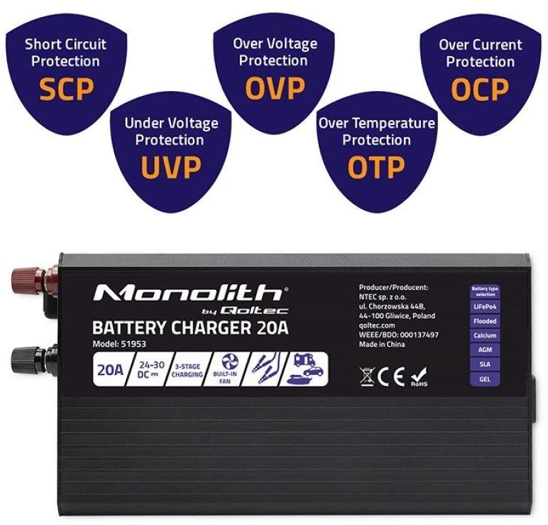 Qoltec Intelligent kroviklis Monolith LiFePO4 AGM GEL SLA akumuliatoriams | 20A | 24V