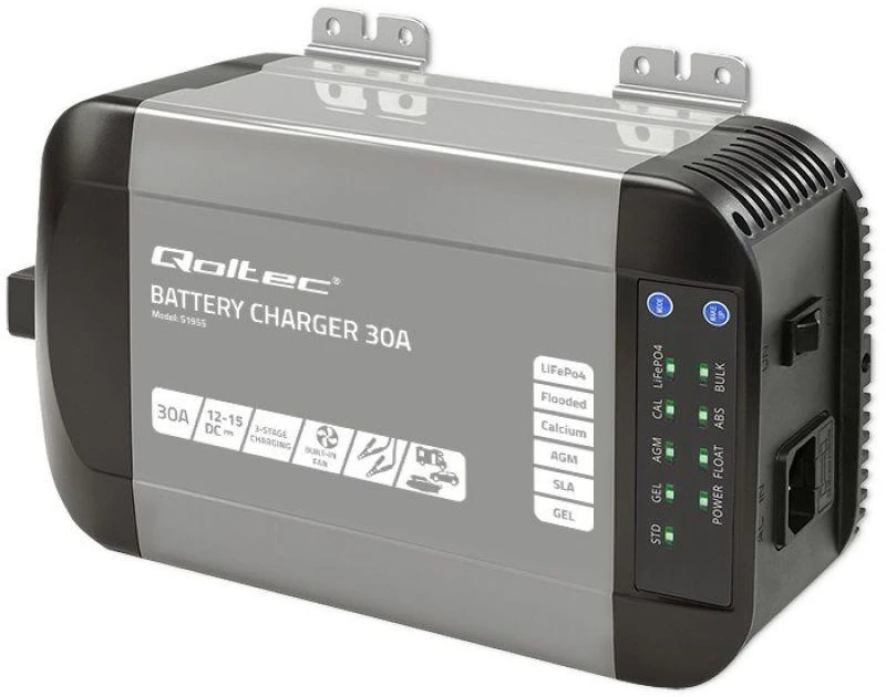 QOLTEC 51955 Smart Monolith įkroviklis LiFePO4 AGM GEL SLA akumuliatoriams / 30A / 12V