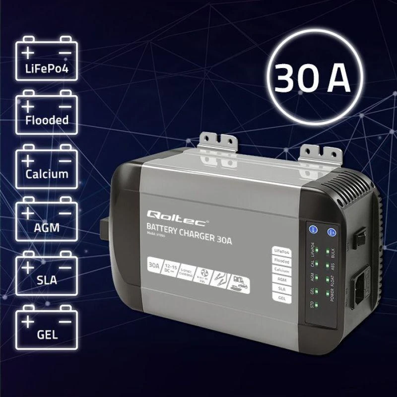 QOLTEC 51955 Smart Monolith įkroviklis LiFePO4 AGM GEL SLA akumuliatoriams / 30A / 12V