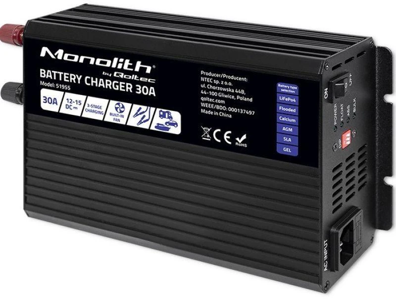 QOLTEC 51955 Smart Monolith įkroviklis LiFePO4 AGM GEL SLA akumuliatoriams / 30A / 12V