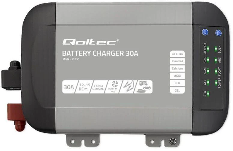 QOLTEC 51955 Smart Monolith įkroviklis LiFePO4 AGM GEL SLA akumuliatoriams / 30A / 12V