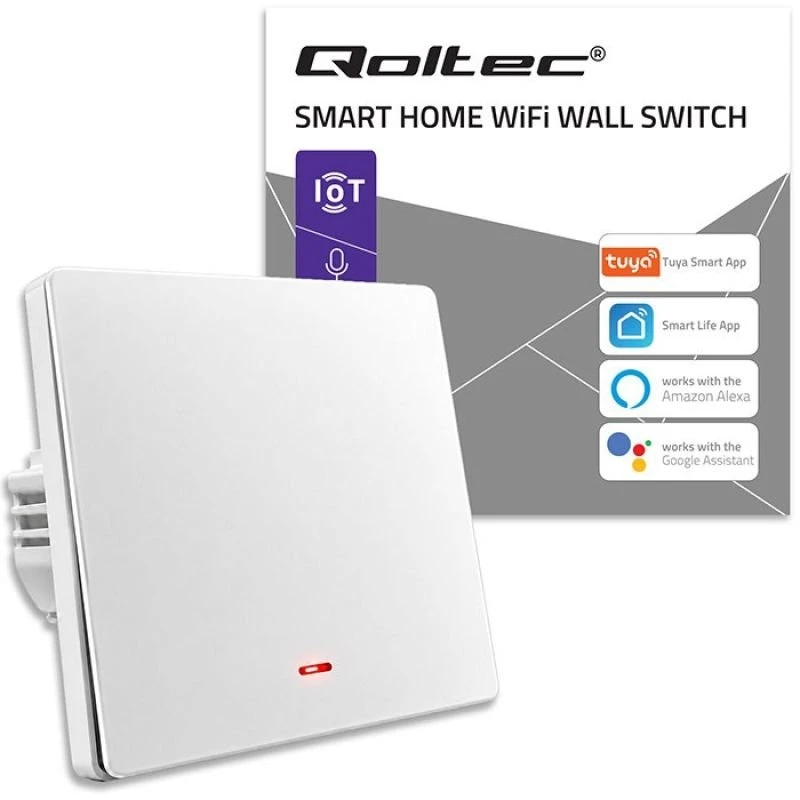 Qoltec 52719 Išmanusis vieno kanalo šviesos jungiklis | Wi-Fi | Laikmatis | Tuya | Smart life | Baltas