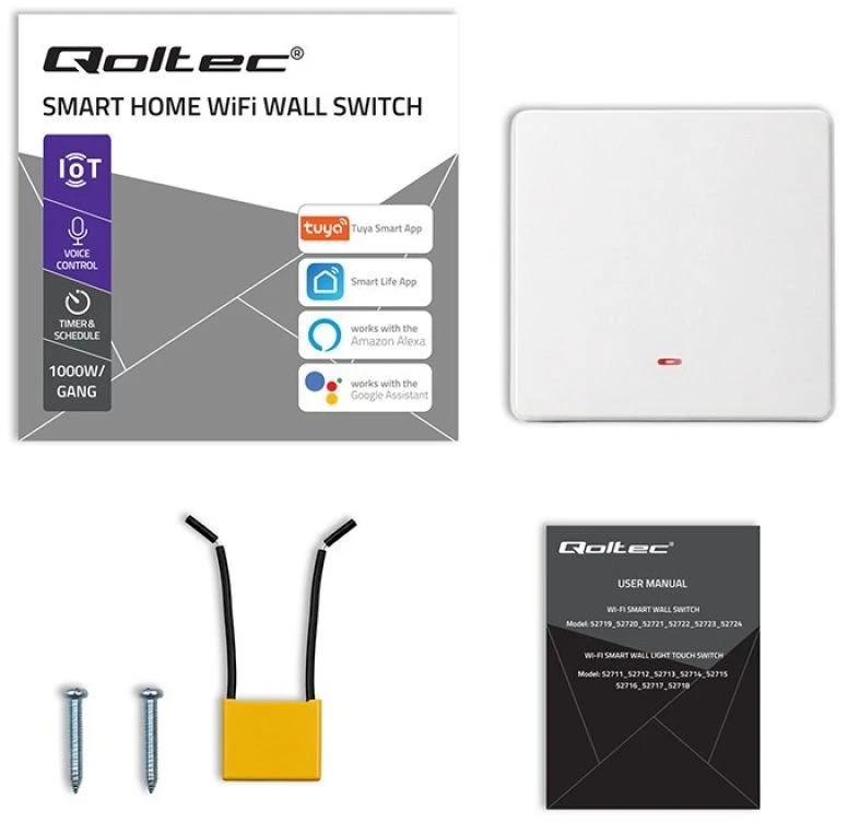 Qoltec 52719 Išmanusis vieno kanalo šviesos jungiklis | Wi-Fi | Laikmatis | Tuya | Smart life | Baltas