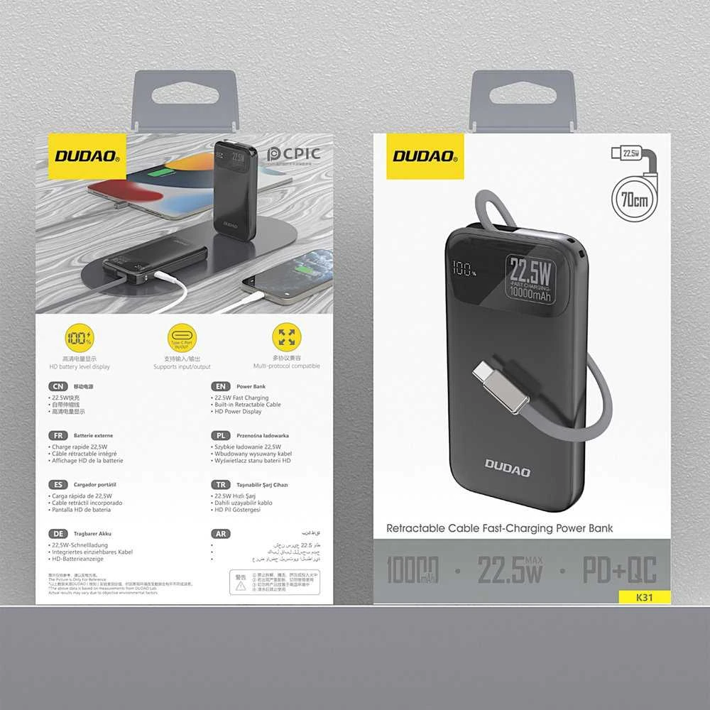 Dudao K31 10000 mAh 22.5W PD Powerbank su integruotu kabeliu – juodos spalvos