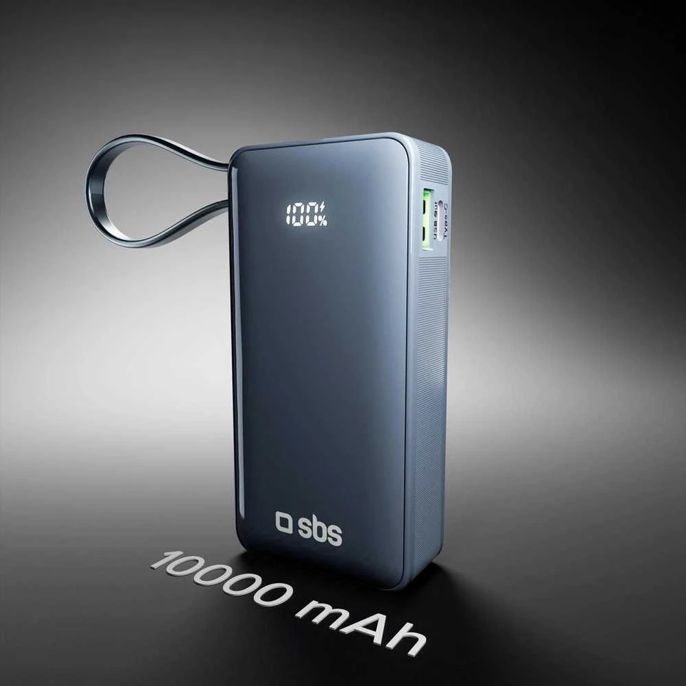 Išorinė baterija SBS 10000 mAh 20W su integruotu USB-C laidu ir skaitmeniniu ekranu - tamsiai pilka
