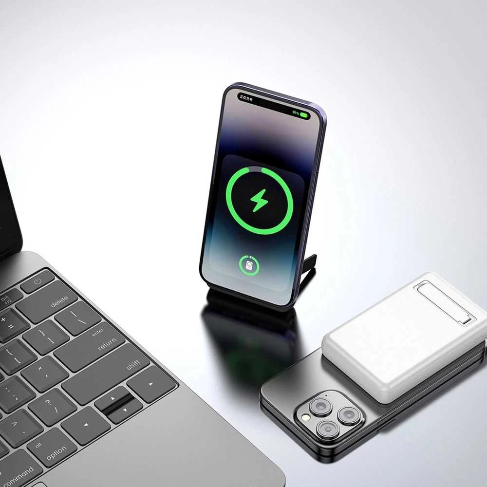Powerbank Dudao K14S+ 10000mAh 20W USB-A / USB-C / MagSafe su stoveliu – baltos spalvos