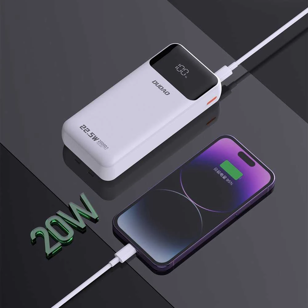 Dudao K15Pro Power Bank 20000mAh 22.5W PD USB-C / USB-A / integruotais Lightning ir USB-C kabeliais – baltos spalvos