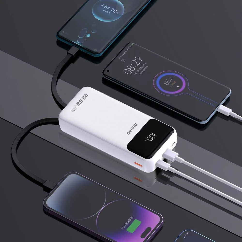 Dudao K15Pro Power Bank 20000mAh 22.5W PD USB-C / USB-A / integruotais Lightning ir USB-C kabeliais – baltos spalvos