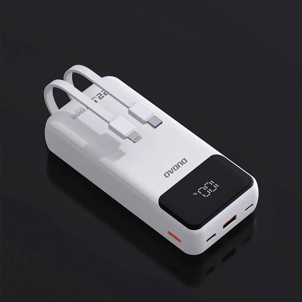 Dudao K15Pro Power Bank 20000mAh 22.5W PD USB-C / USB-A / integruotais Lightning ir USB-C kabeliais – baltos spalvos