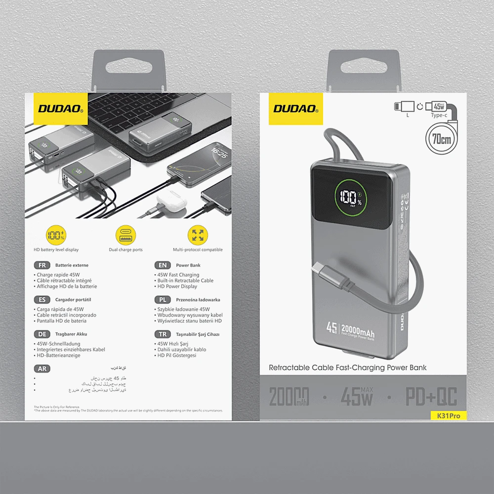Dudao K31 Pro 45W 20000mAh išorinė baterija su įmontuotu ištraukiamu USB-C laidu – pilkos spalvos