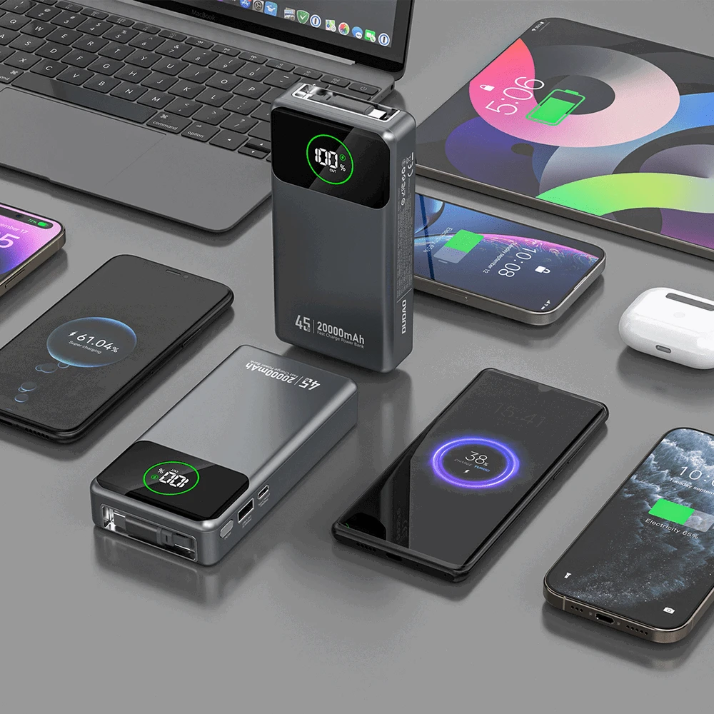 Dudao K31 Pro 45W 20000mAh išorinė baterija su įmontuotu ištraukiamu USB-C laidu – pilkos spalvos