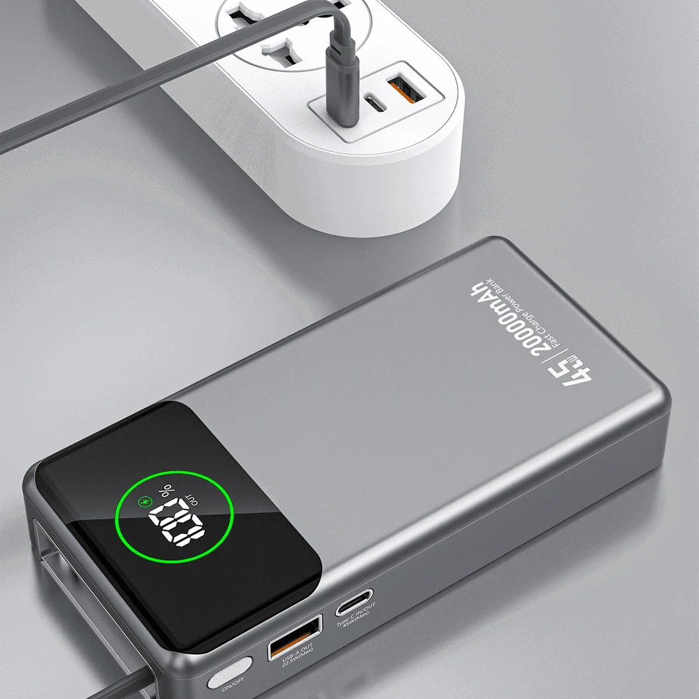 Dudao K31 Pro 45W 20000mAh išorinė baterija su įmontuotu ištraukiamu USB-C laidu – pilkos spalvos
