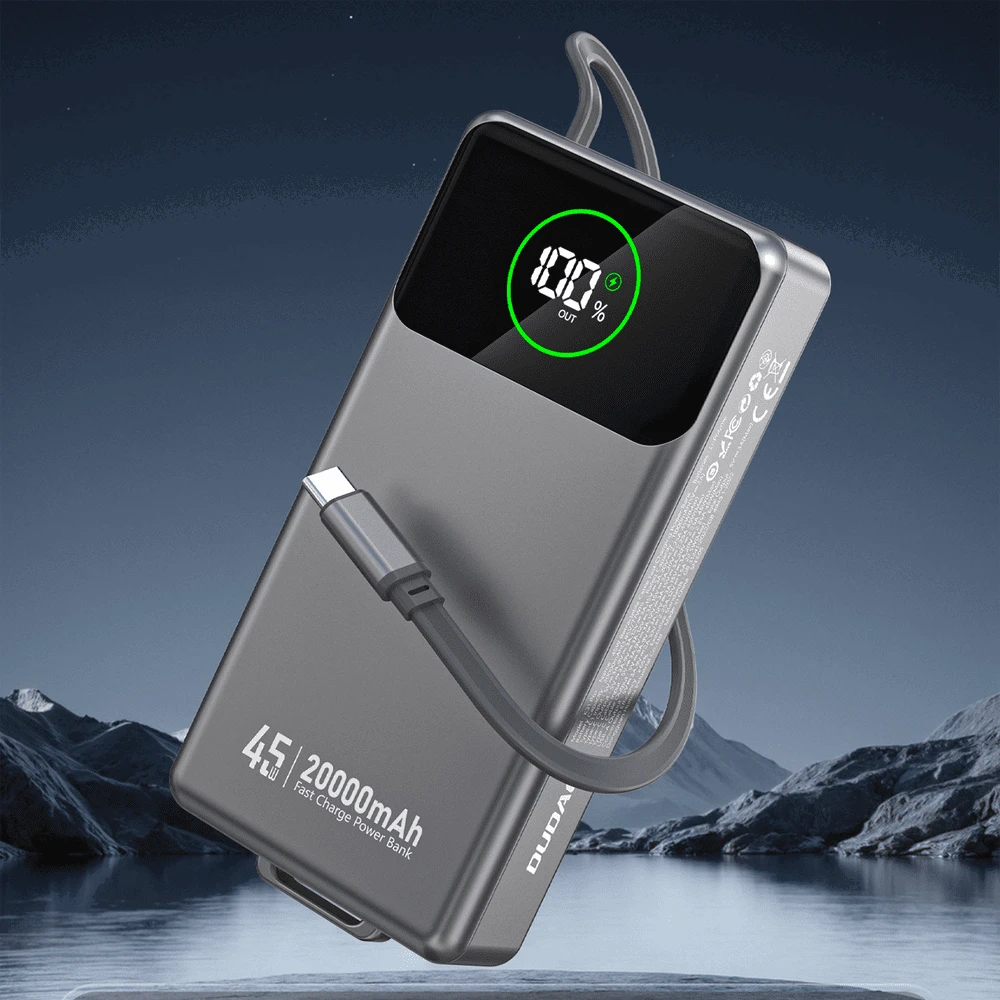 Dudao K31 Pro 45W 20000mAh išorinė baterija su įmontuotu ištraukiamu USB-C laidu – pilkos spalvos