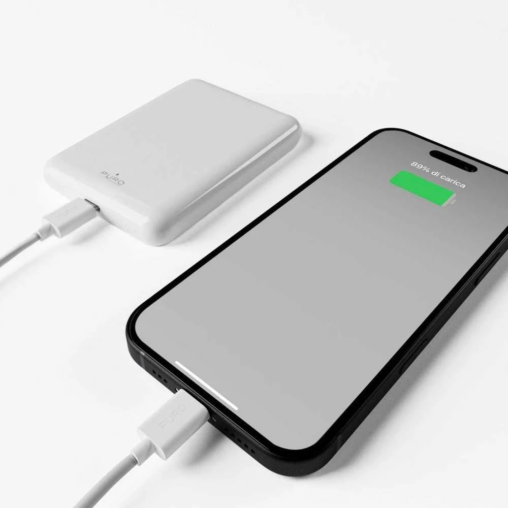 Išorinė baterija Puro „Power Mag“ 5000mAh 20W su maitinimo šaltiniu, USB-C, baltos spalvos