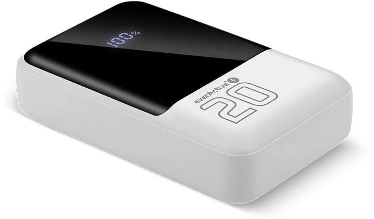 „everactive“ išorinė baterija 20 000 mAh, 2x USB, 1x USB-C 22,5 W, QC4+, LCD ekranas, baltas