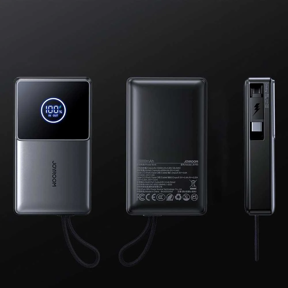 Joyroom JR-PR1 10000mAh 22.5W išorinė baterija su integruotu ištraukiamu USB-C laidu – juodos spalvos
