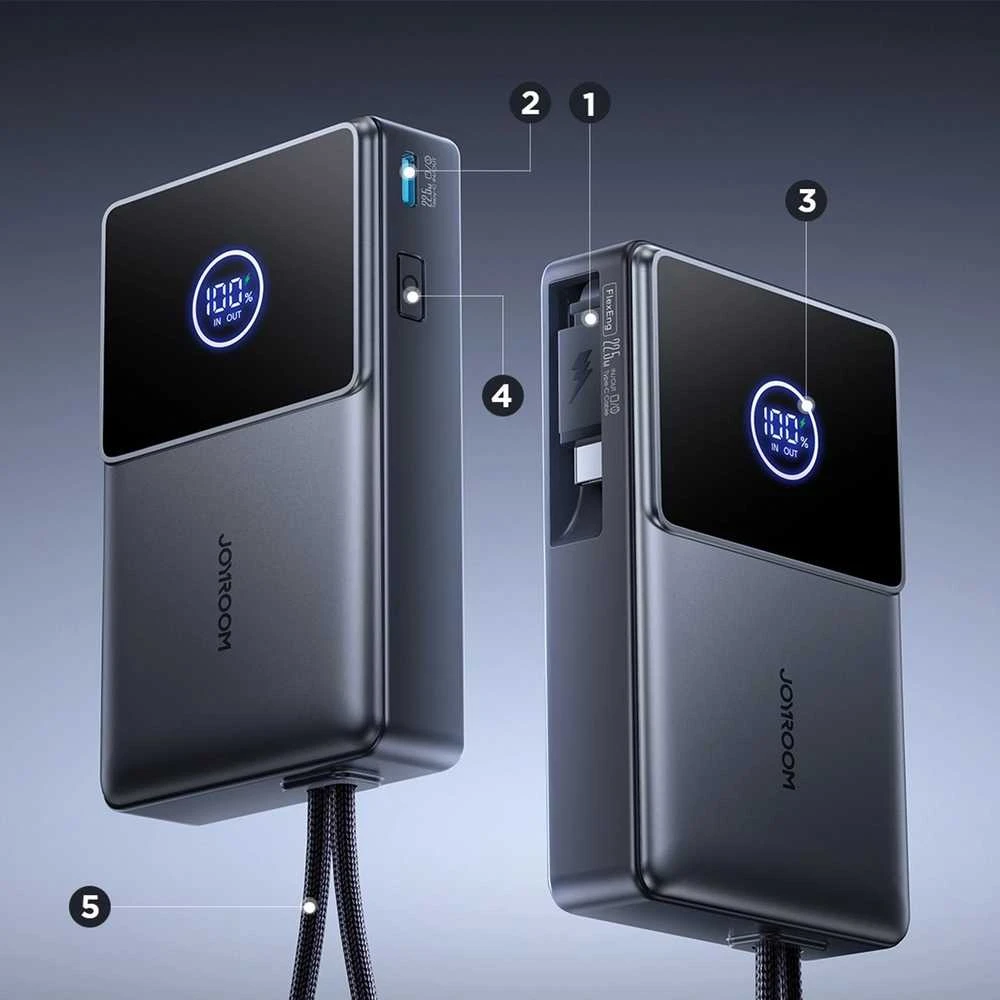 Joyroom JR-PR1 10000mAh 22.5W išorinė baterija su integruotu ištraukiamu USB-C laidu – juodos spalvos