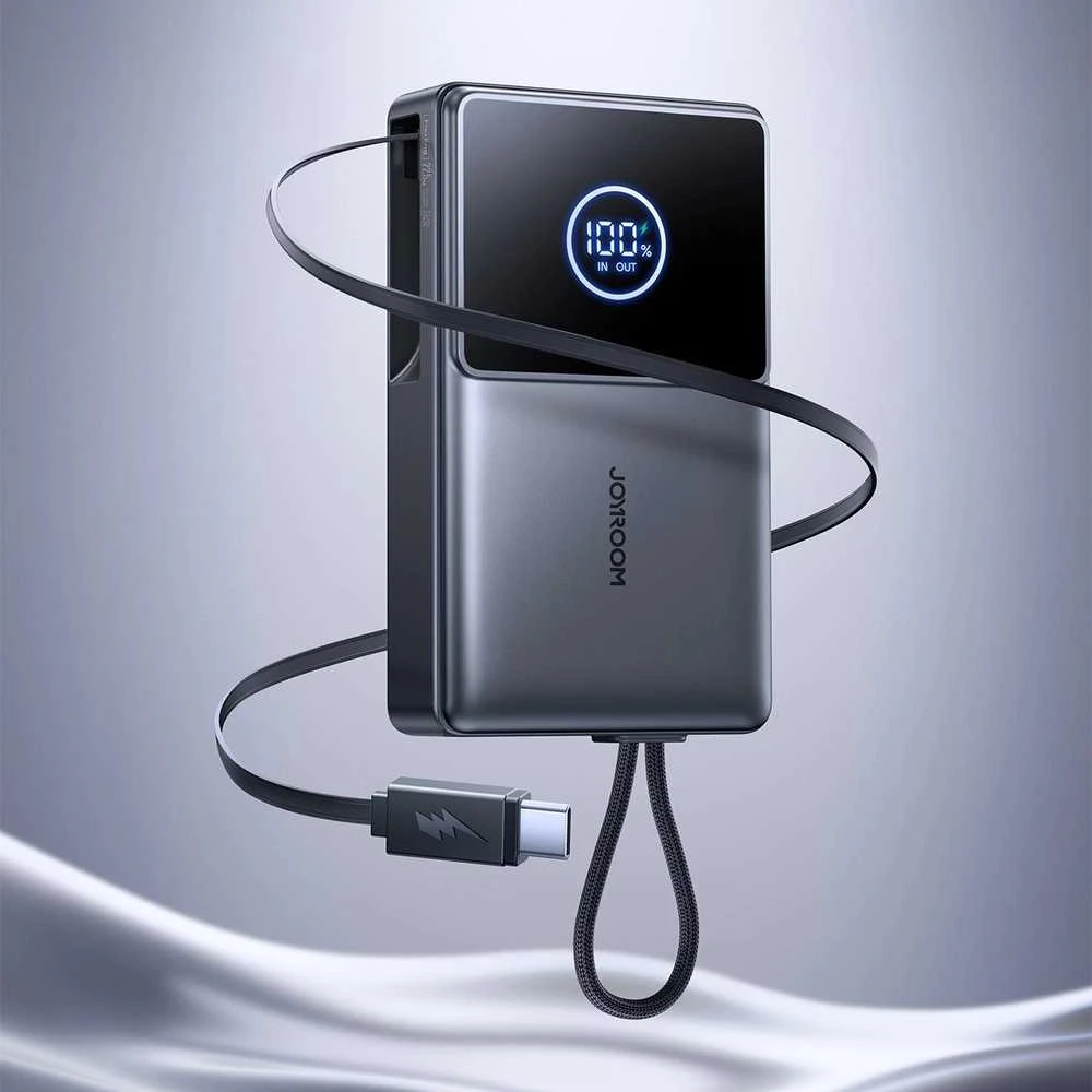 Joyroom JR-PR1 10000mAh 22.5W išorinė baterija su integruotu ištraukiamu USB-C laidu – juodos spalvos